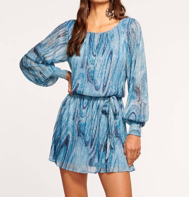EMBERLY DRESS IN CALYPSO BLUE LUREX SWIRL, Calypso Blue Lurex Swirl / Dusty Blue, hi-res image number null