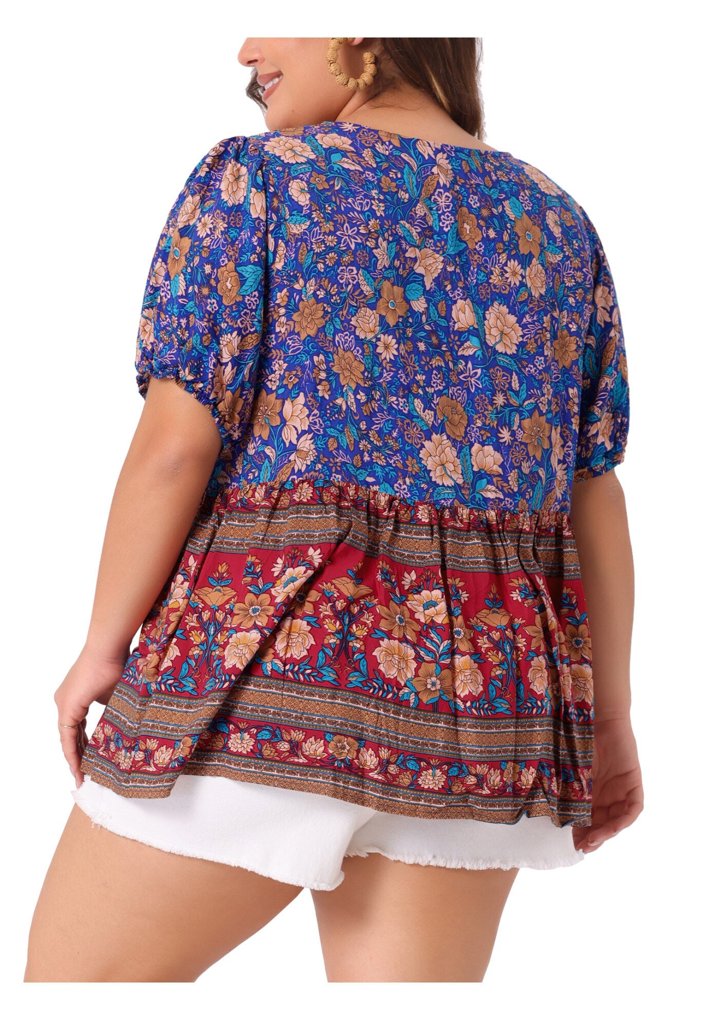 Boho Floral Print V Neck Peplum Loose Blouse, Blue / Cornflower Blue, alternate image number 3
