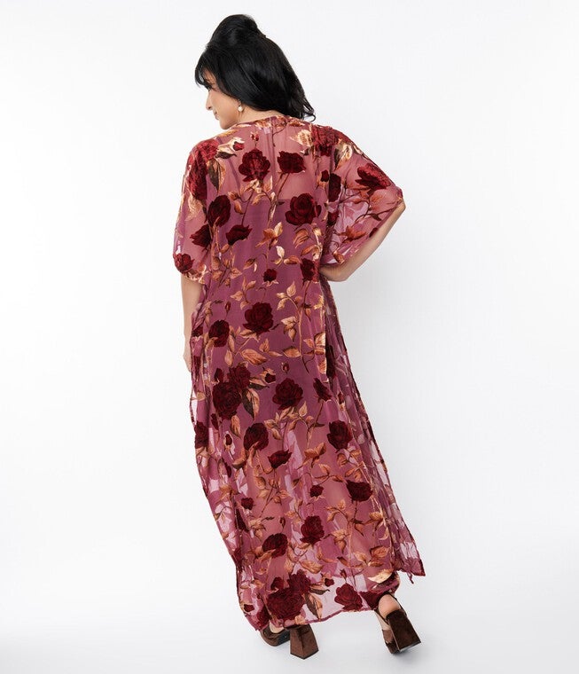Unique Vintage Sheer Red Rose Velvet Burnout Bow Front Caftan, , alternate image number null