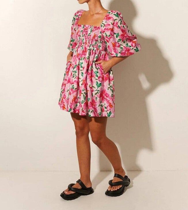 ANTONIA SHIRRED MINI DRESS IN PINK, Pink / Pink, alternate image number null