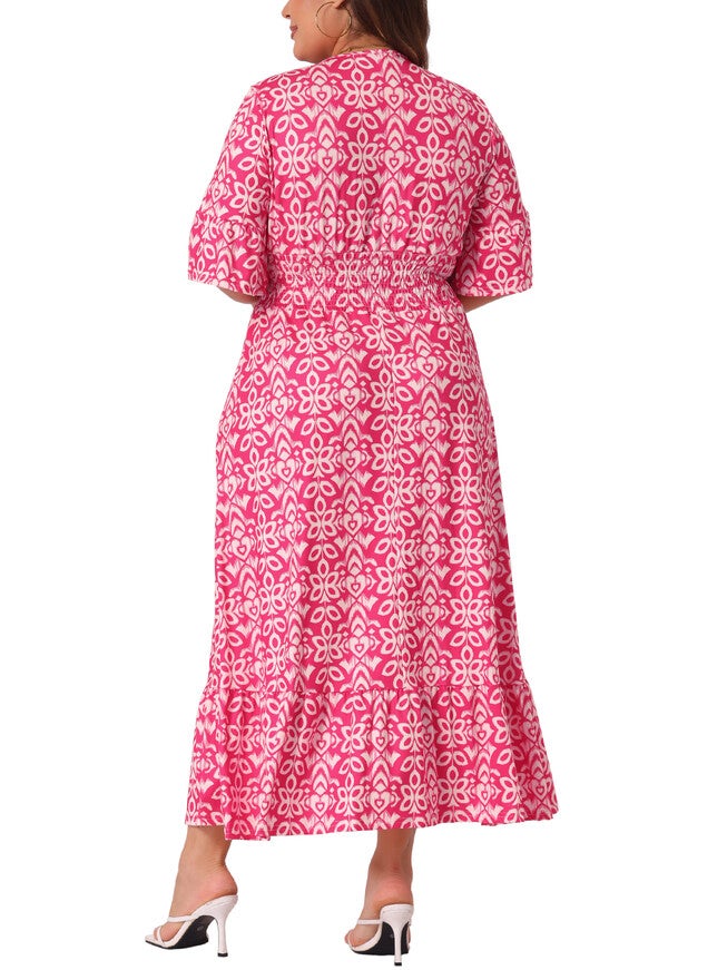 Bell Sleeve Ruffled Hem V Neck Short Sleeve Boho A Line Long Dress, Hot Pink / Deep Fuchsia, alternate image number 3