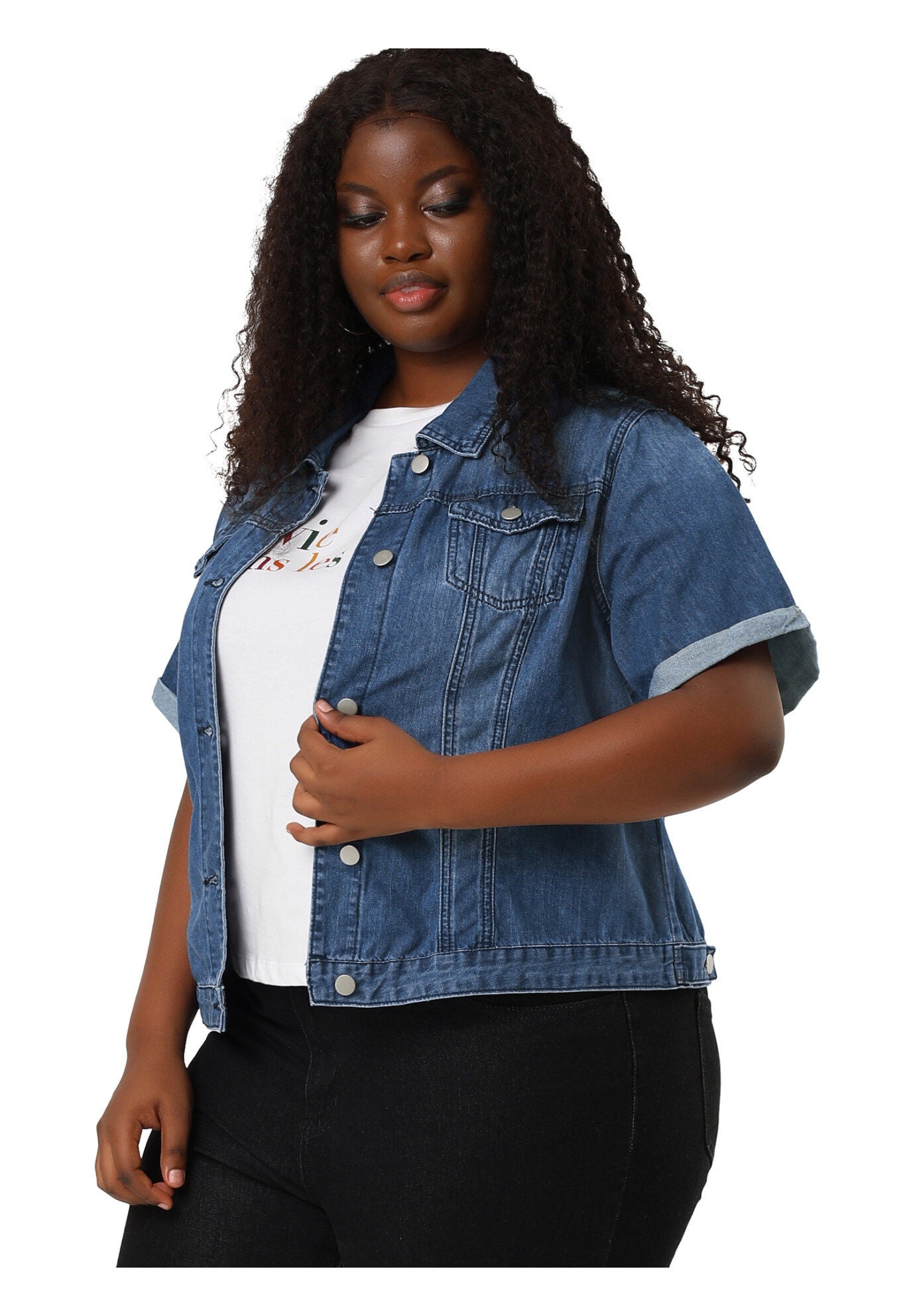 BUTTON FRONT CROP JEAN SHORT SLEEVE DENIM JACKET, Blue / Royal Blue, hi-res image number 0