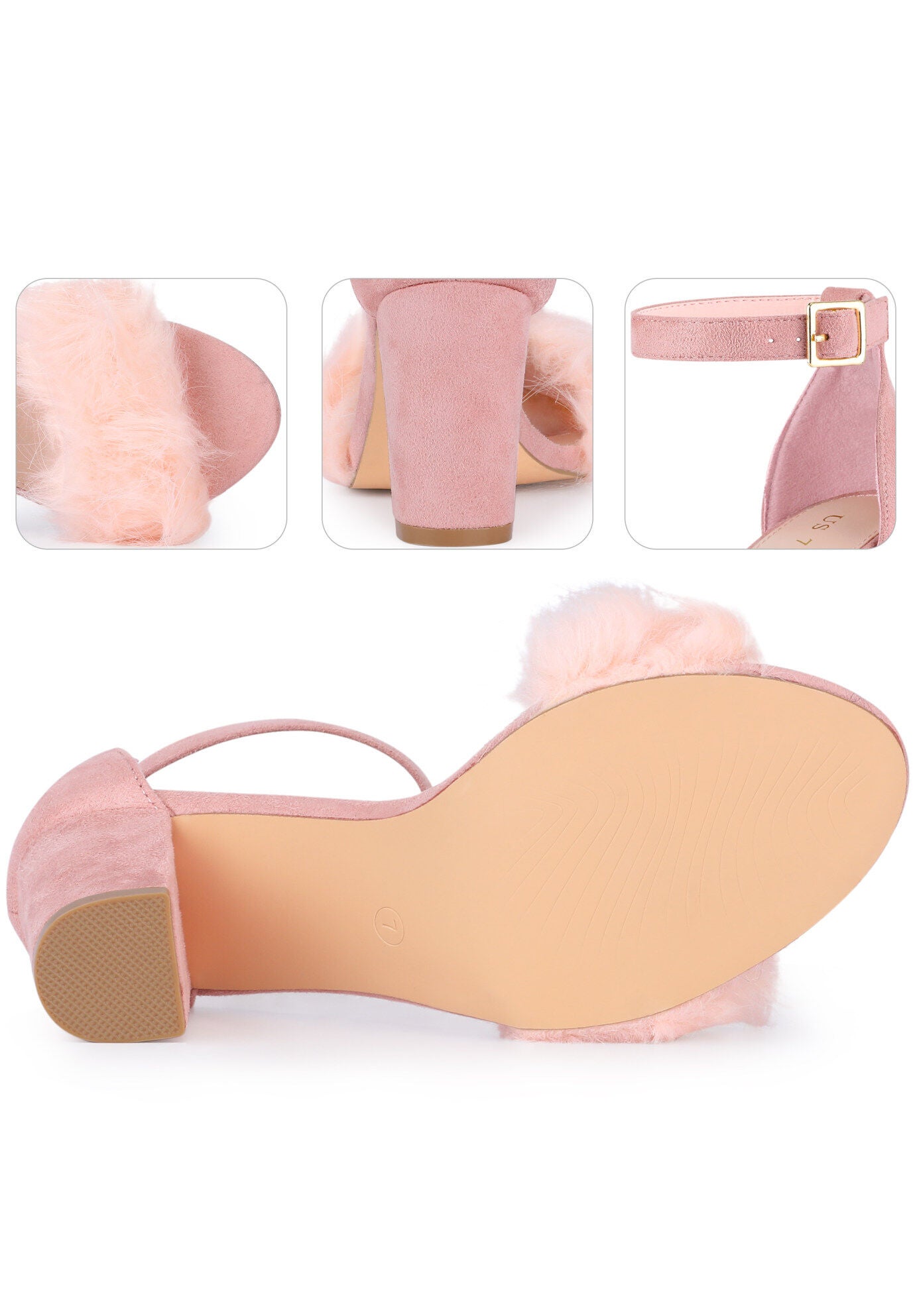 Fluffy Feather Ankle Strap Block Heel Sandal, Light Pink / Pink, alternate image number 3
