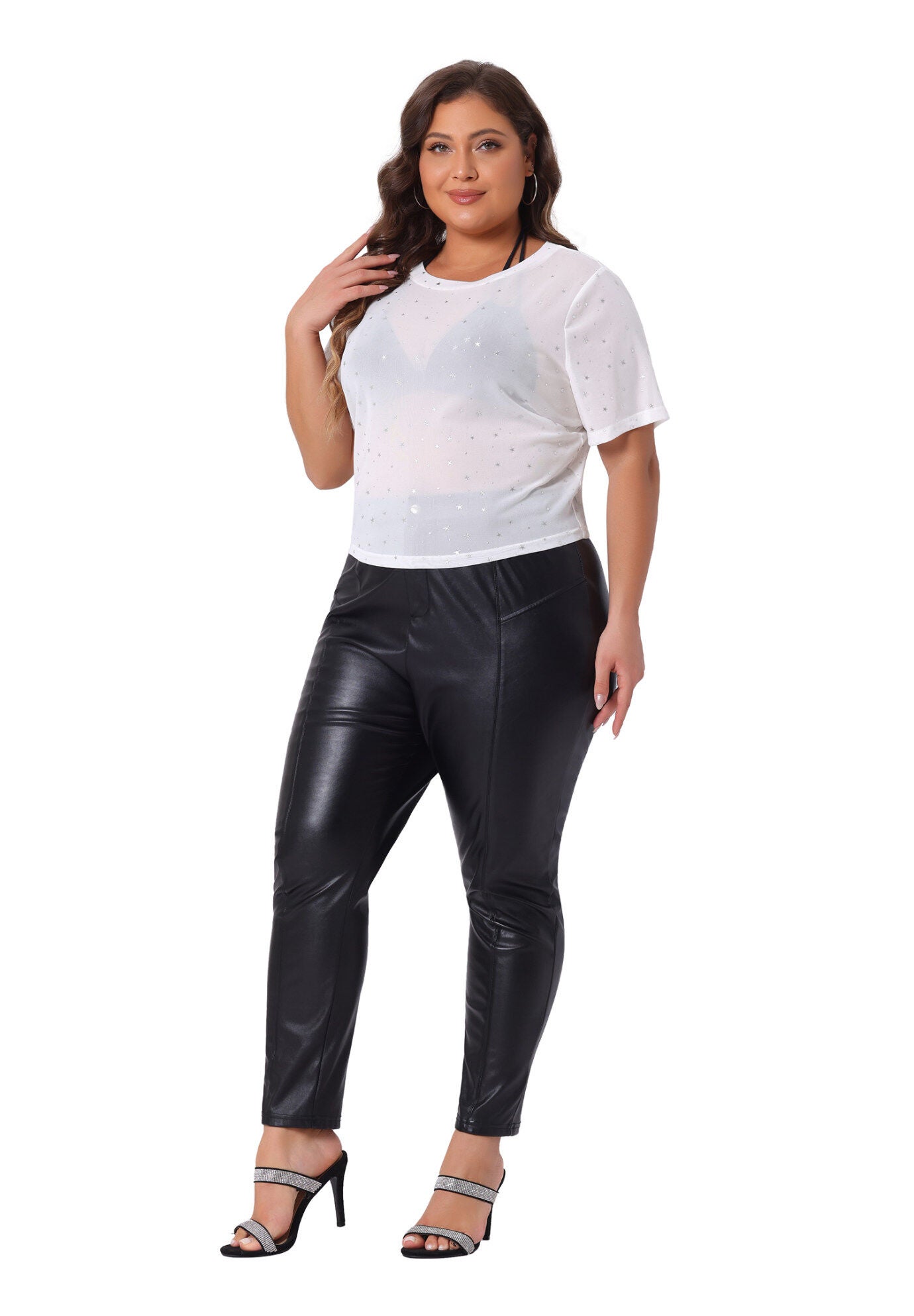 MESH TOP GLITTER SILVER STAR SHEER SEE THROUGH SHORT SLEEVE SHORT TEE, White / White, hi-res image number 0