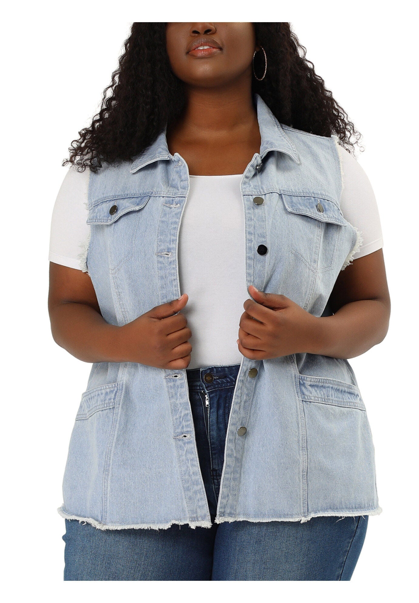 BUTTON FRONT LAPEL FRAYED WASHED SLEEVELESS LONG DENIM VEST, Sky Blue / Light Blue, alternate image number 2