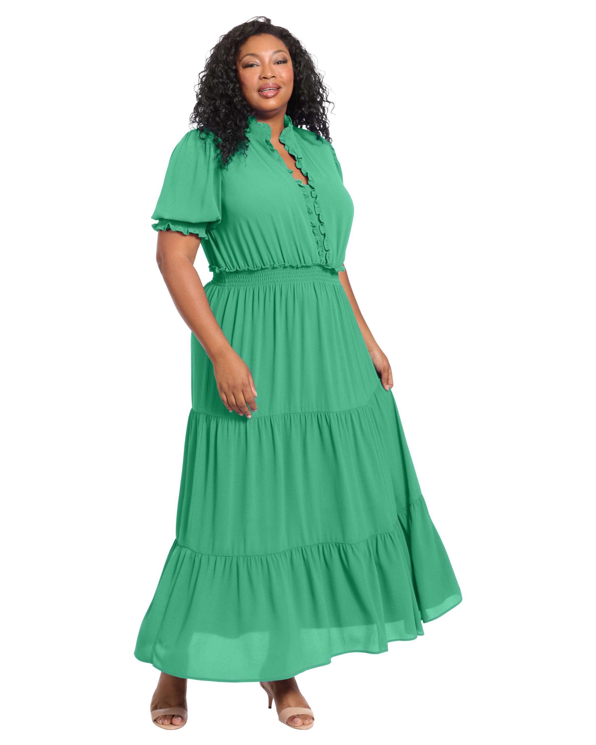 Maria Puff Sleeve Tiered Midi Dress, Jewel Green / Kelly Green, hi-res image number 0