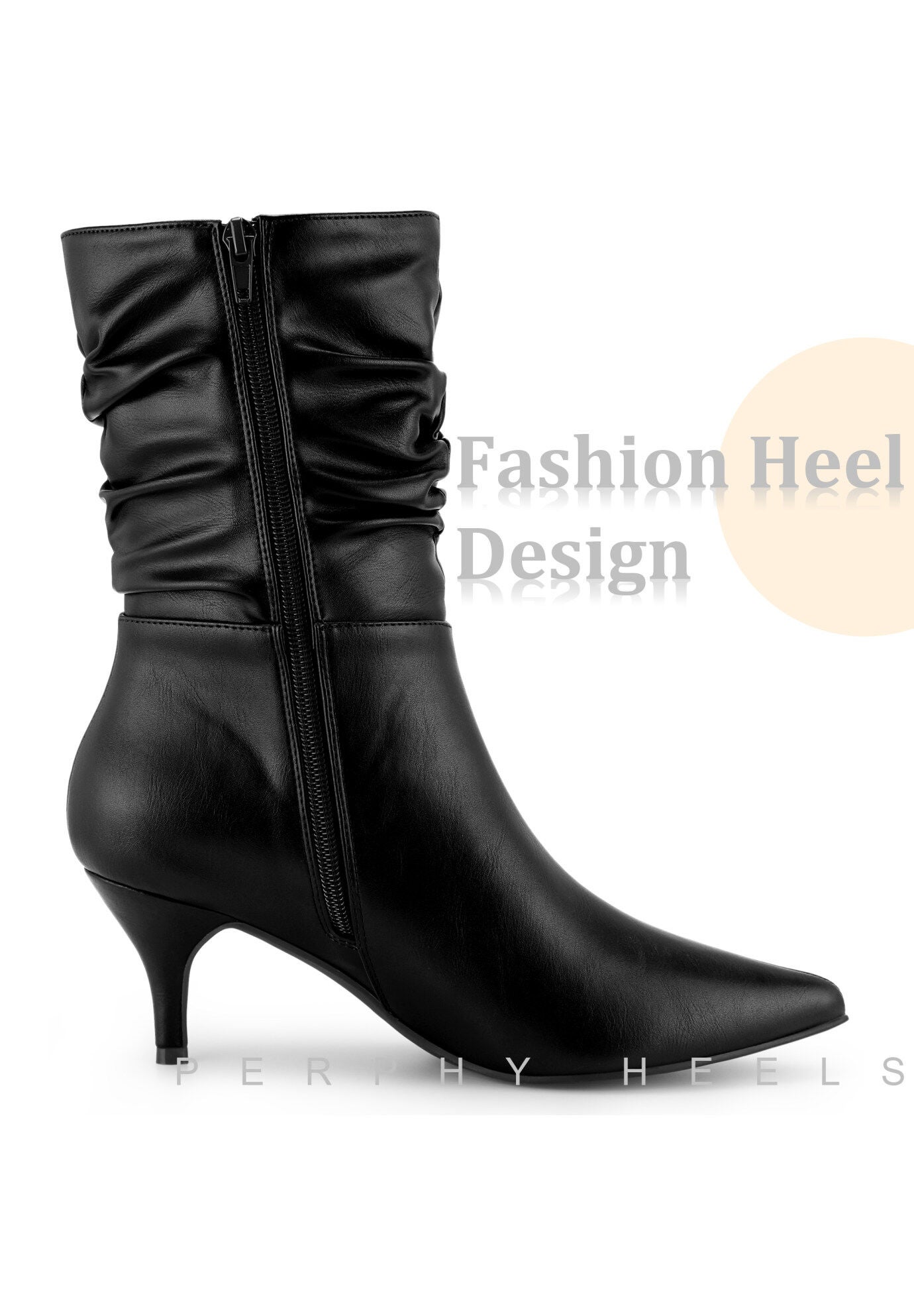Pointed Toe Slouch Kitten Heel Mid-Calf Boots, Black / Black, alternate image number 3