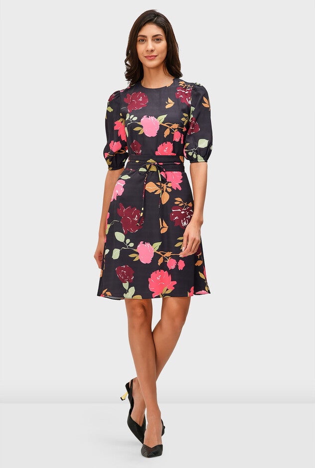 Floral Print Crepe Obi Belt A-Line Dress, , alternate image number null