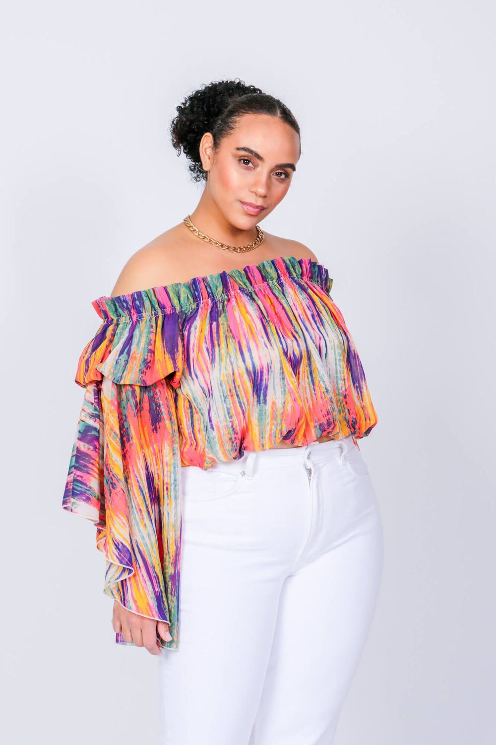 Brittney Off The Shoulder Bell Sleeve Top, Bright Stripe / Pink, alternate image number 2