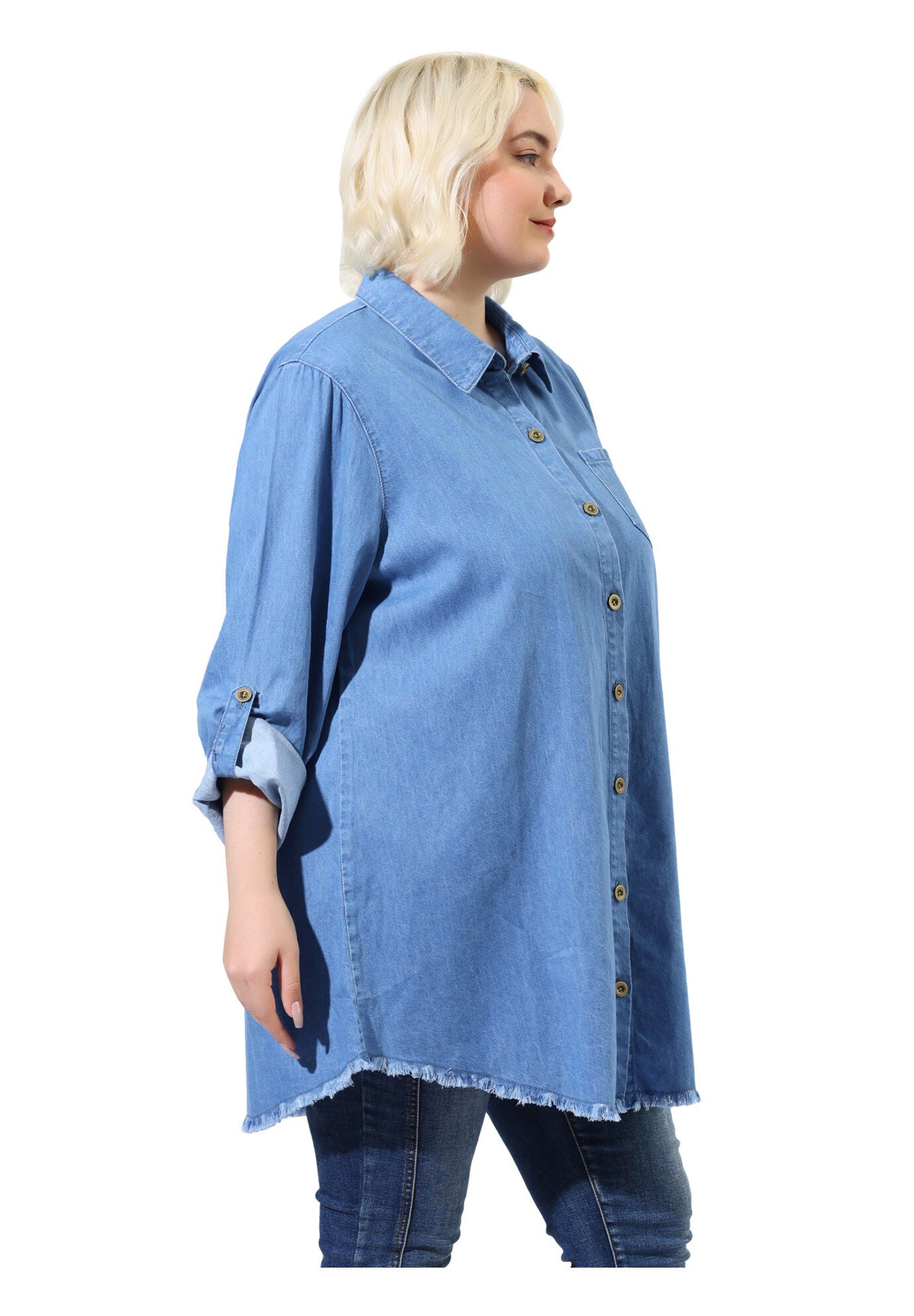 CHAMBRAY TOP BUTTON DOWN DENIM SHIRT, Blue / Light Blue, alternate image number 3