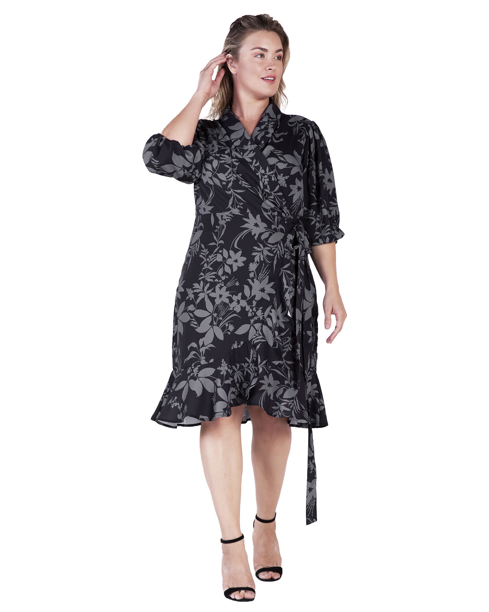 Kylie Double Georgette Dusty Pink Ruffles Wrap Midi Dress, Black Grey Floarl / Black, alternate image number 4