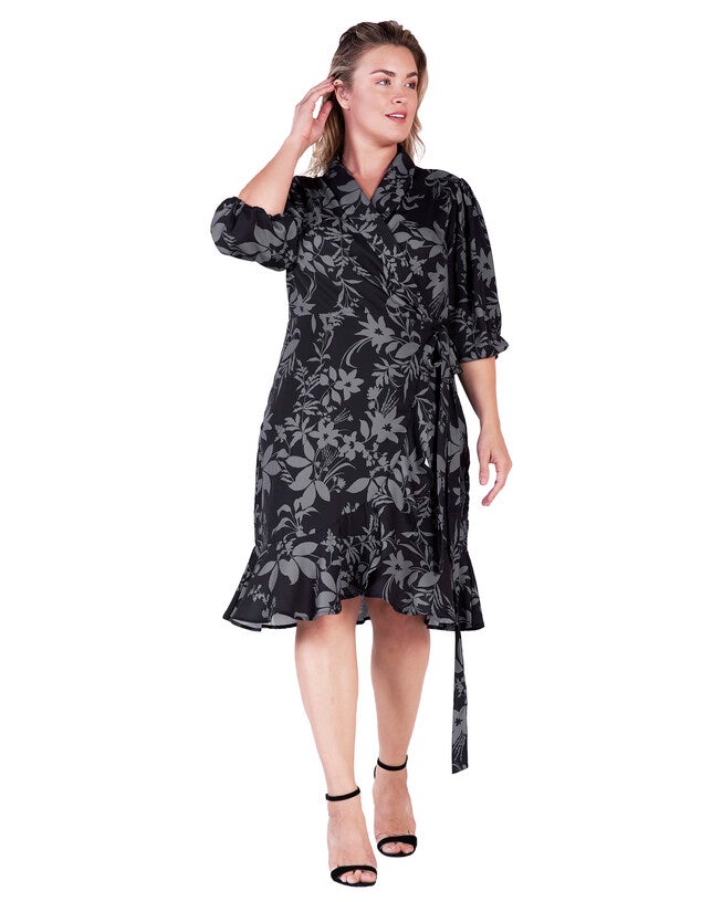 Kylie Double Georgette Dusty Pink Ruffles Wrap Midi Dress, Black Grey Floarl / Black, alternate image number 4