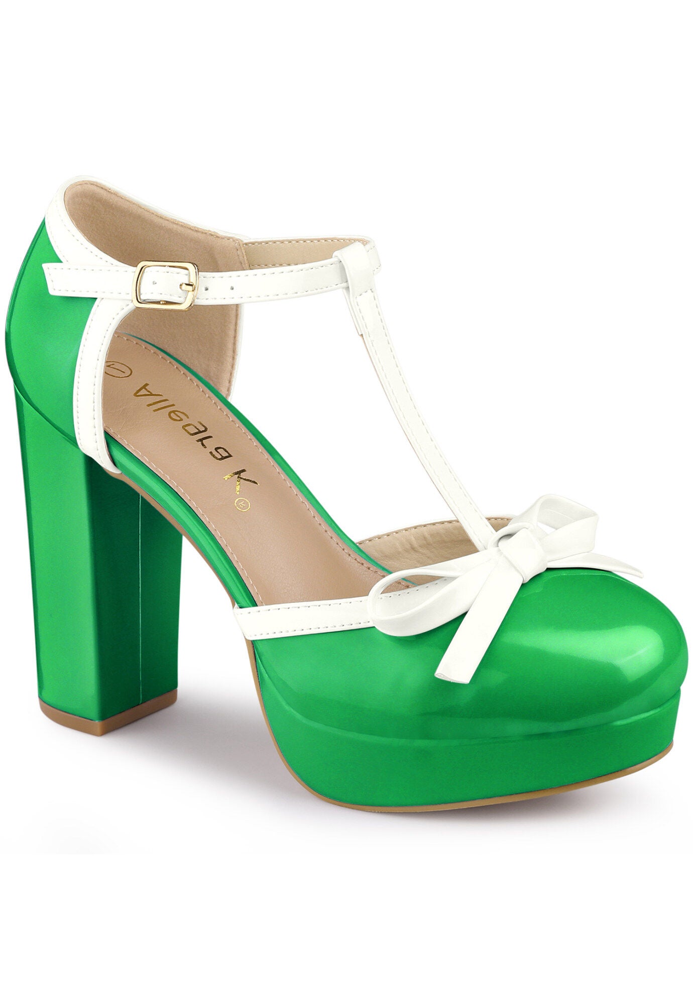 Platform Bow T Strap Chunky Heels Pumps, Lime Green / Light Green, hi-res image number 0