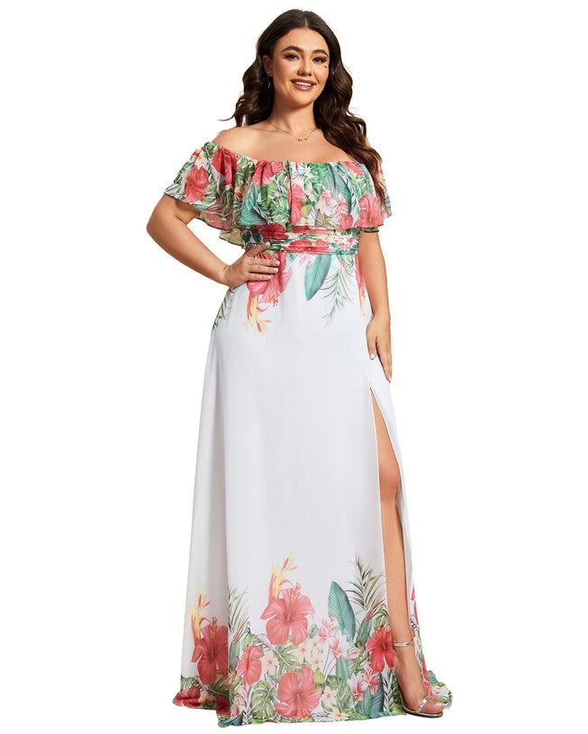Summer Printed Chiffon Off the Shoulder A-Line Evening Dress, , alternate image number 7
