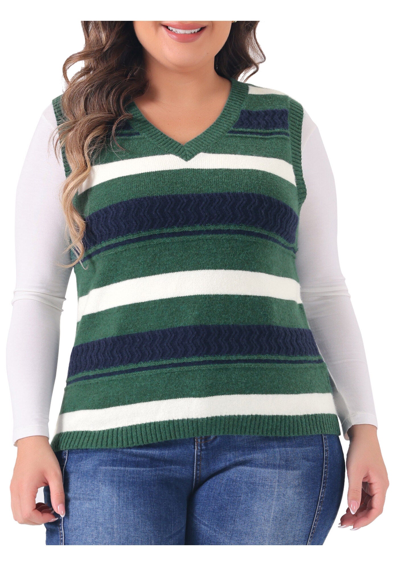 V Neck Striped Knit Casual Pullover Sweater Vest, Green / Hunter Green, alternate image number 2