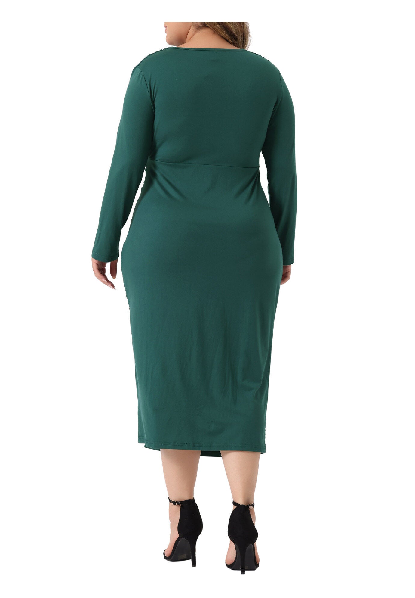 Long Sleeve Deep V Neck Ruched Slit Wedding Cocktail Bodycon Dress, Dark Green / Forest Green, alternate image number 3