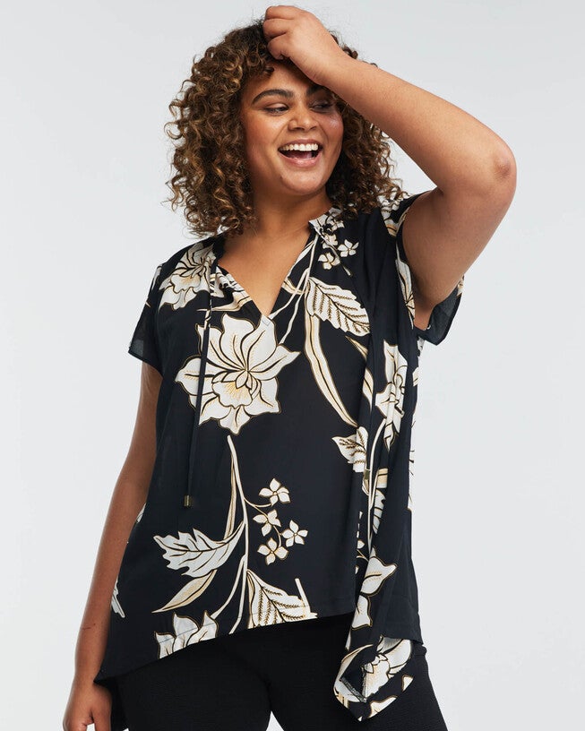 Alani Black Floral Cap Sleeve Top, Print / Black, alternate image number 1