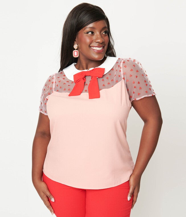 Smak Parlour Pink & Red Hearts Collared Bow Blouse, PinkRed Hearts / Pink, alternate image number 2