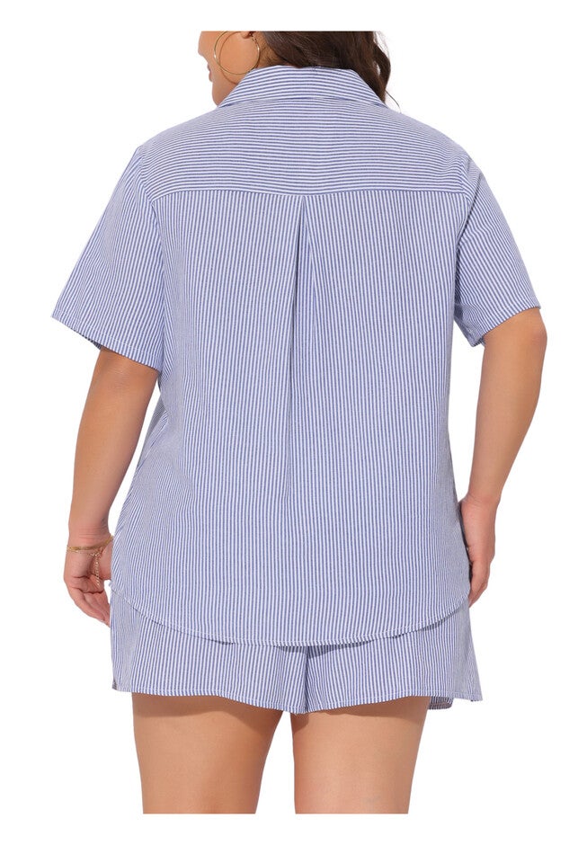 2 Piece Set Striped Collared Button Down Cotton Shirt Top and Shorts, Blue White / Light Blue, alternate image number 3