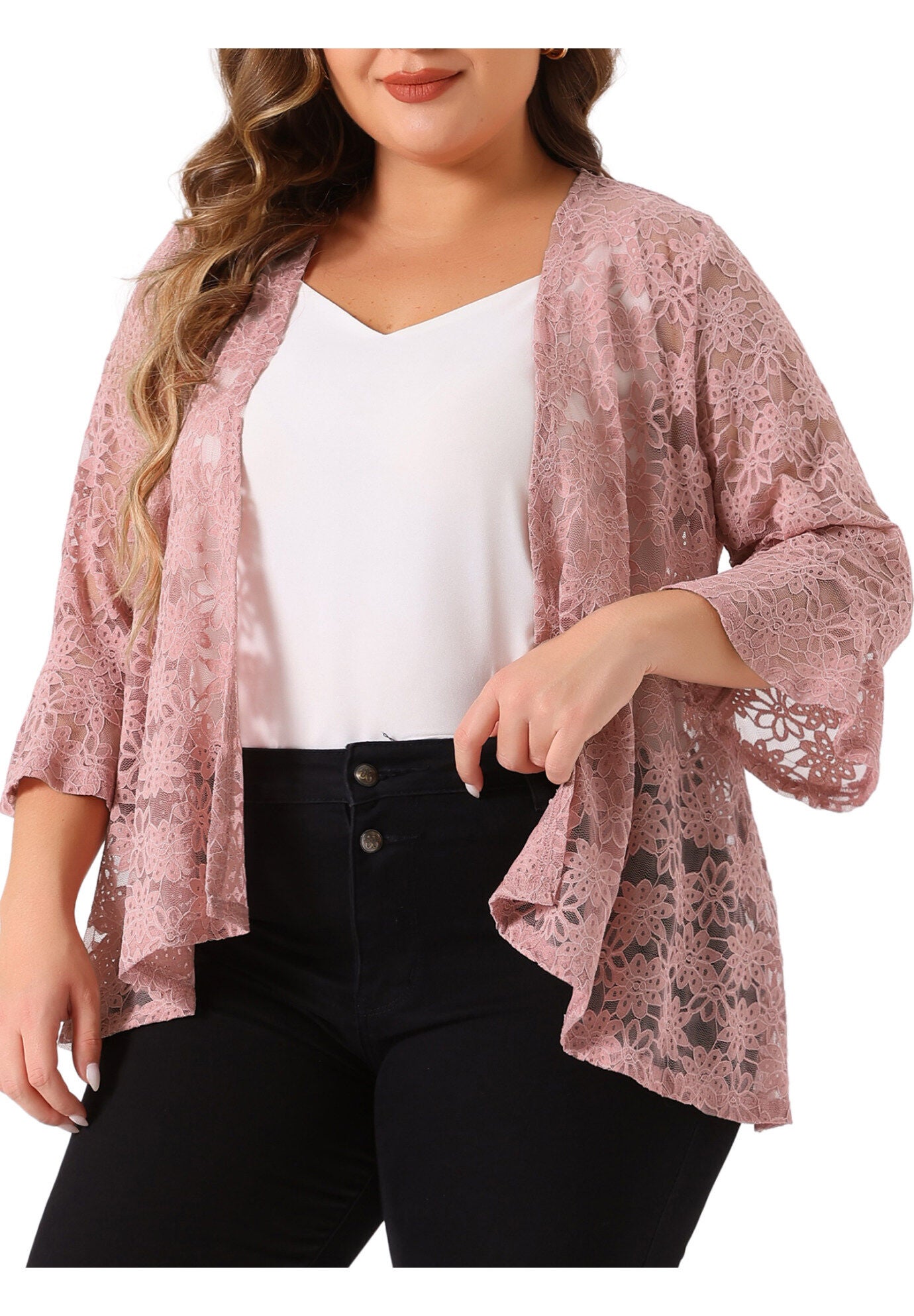 OPEN FRONT 3/4 BELL SLEEVE SHEER LIGHTWEIGHT LACE COVER UP CARDIGAN, Pink / Pink, alternate image number 1