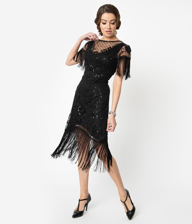 Unique Vintage 1920s Black Beaded Fringe Sleeve Nadine Flapper Dress, Black / Black, hi-res image number 0