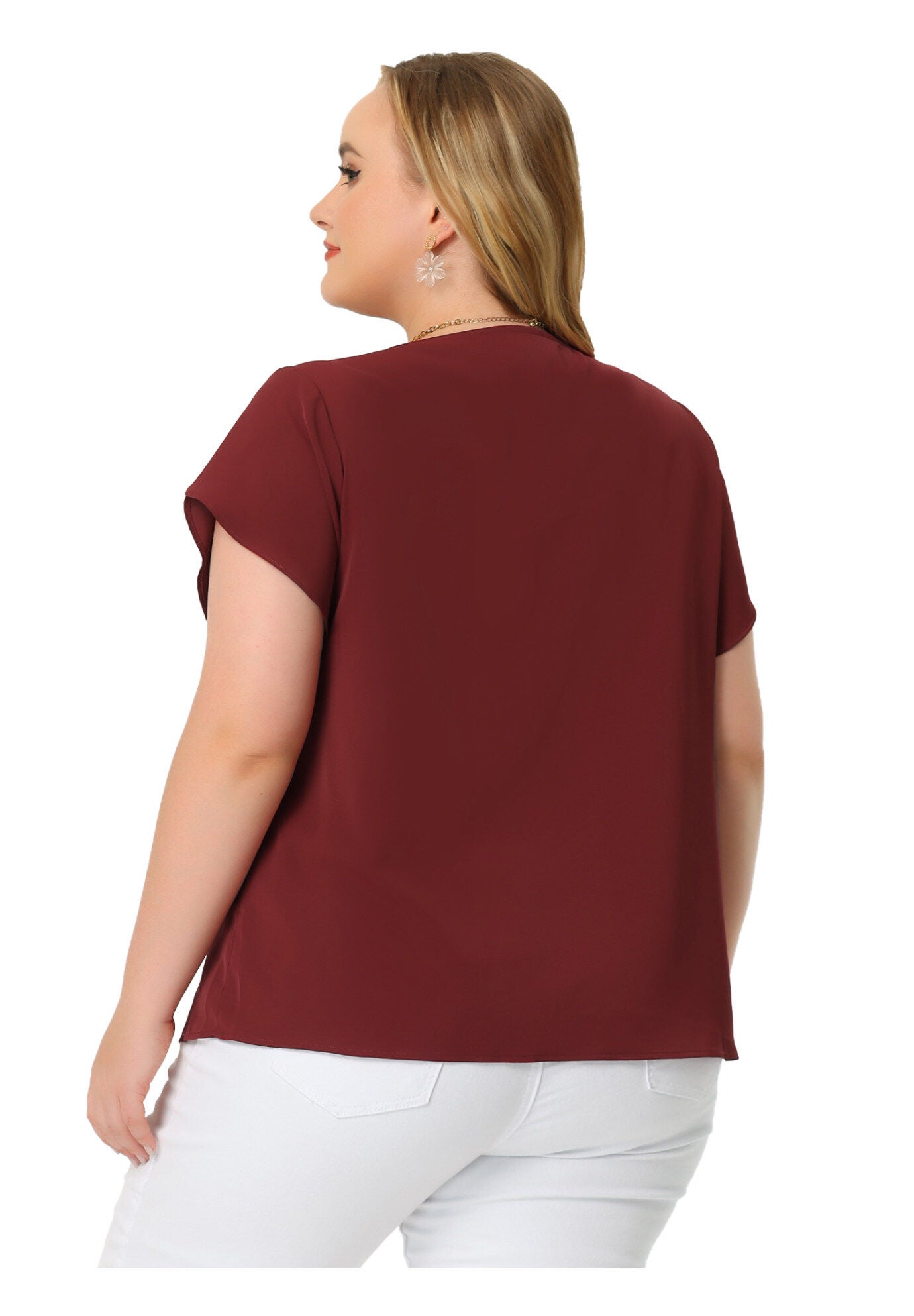 Round Neck Pleated Top Tulip Sleeves Blouse Top, Red / Red, alternate image number 3