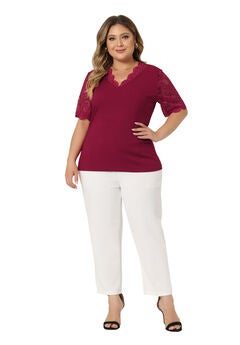 V Neck Short Sleeve Lace Ribbed Knit Tunic Top