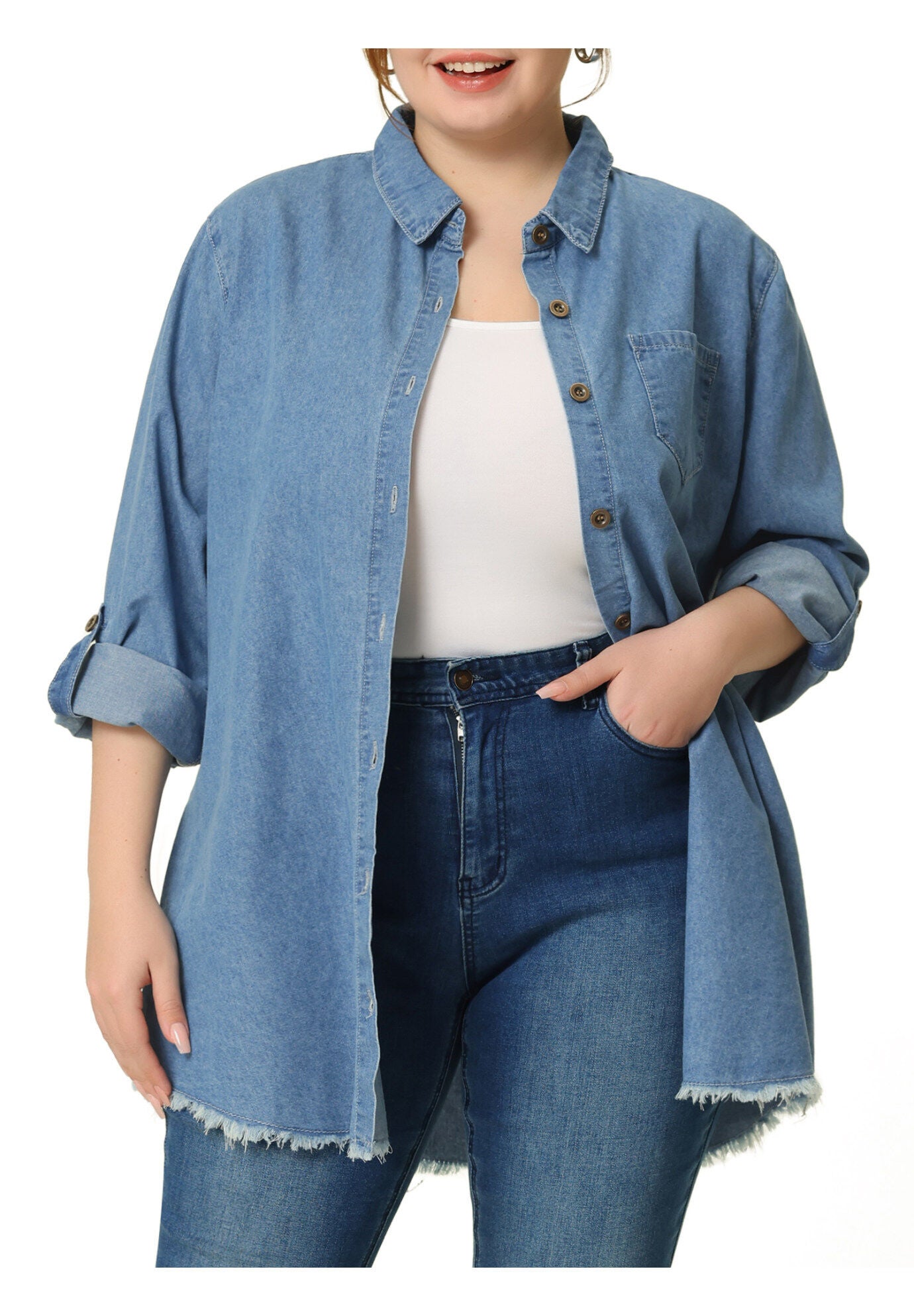 CHAMBRAY TOP BUTTON DOWN DENIM SHIRT, Light Blue / Light Blue, alternate image number 2