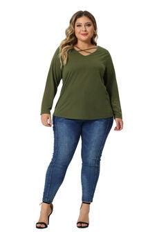 CROSS V NECK LONG SLEEVES T-SHIRT TOP