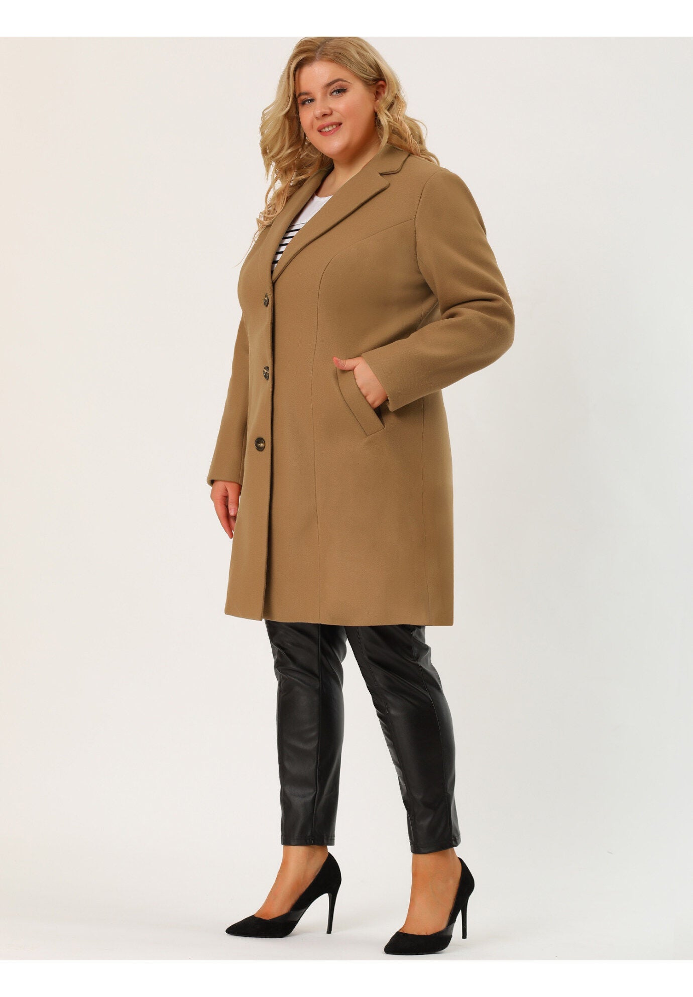SINGLE BREASTED NOTCHED LAPEL LONG WINTER COAT, Camel / Brown, alternate image number 4