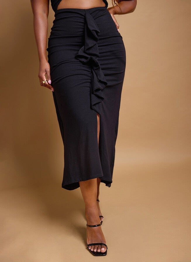 LUNA RUFFED CUT OUT MAXI DRESS, Black / Black, alternate image number 2