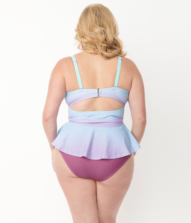 Unique Vintage Blue & Purple Ombre Peplum Solana Tankini Swim Top, Blue Purple / Light Blue, alternate image number null
