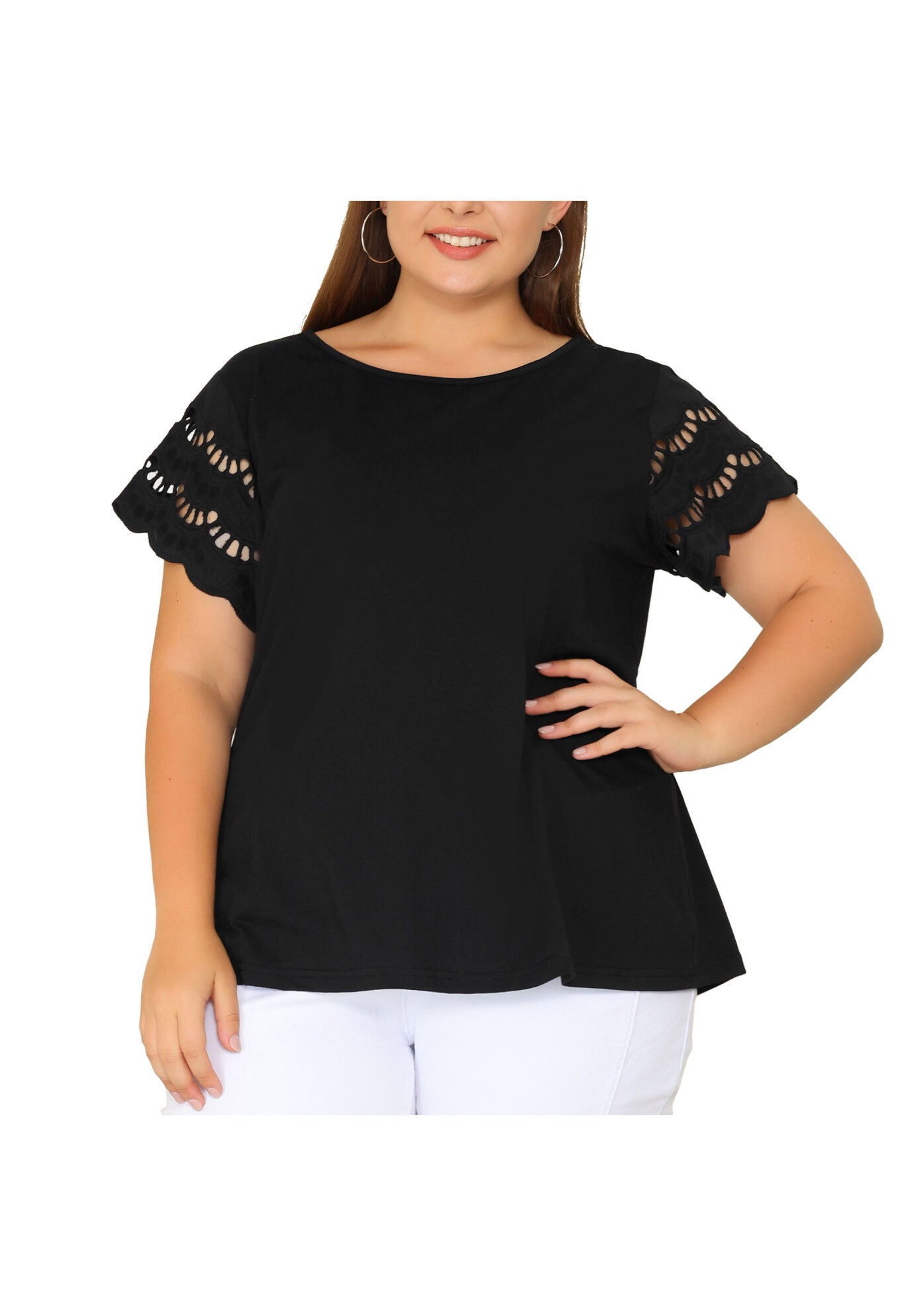 Lace Panel Hollow Short Sleeve Summer Blouse, Black / Black, alternate image number 2