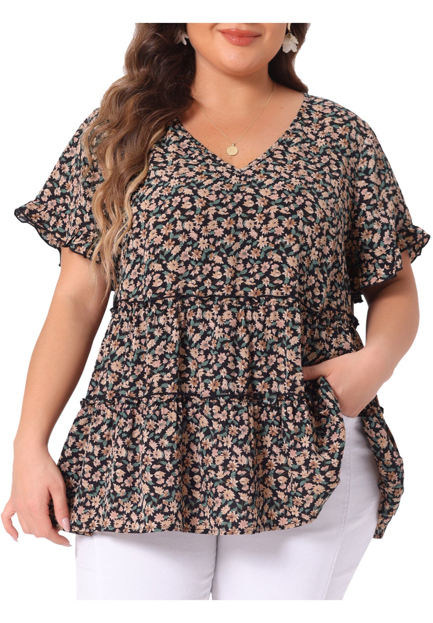 Floral Print V Neck Ruffles Sleeve Tiered Babydoll Blouse, Black Beige / Beige, alternate image number 2