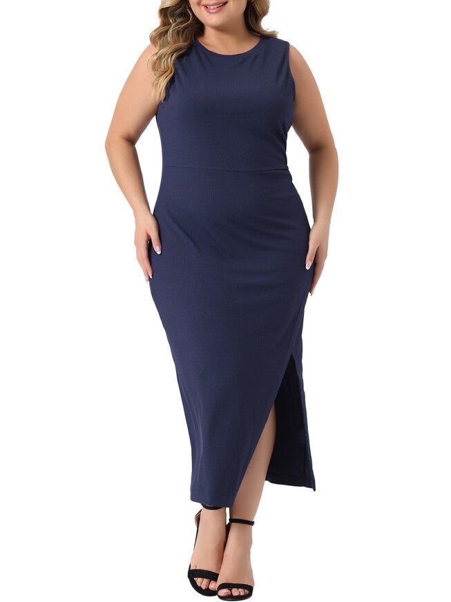 Knit Slit Tank Midi Ruched Sleeveless Bodycon Dress, Navy Blue / Navy, hi-res image number 0