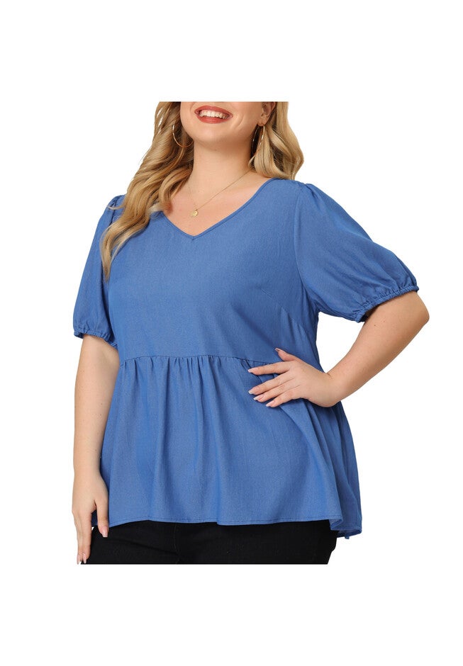 Summer Babydoll Top Puff Sleeve Chambray Short Sleeves Blouse, Blue / Chambray Denim Medium, alternate image number 1