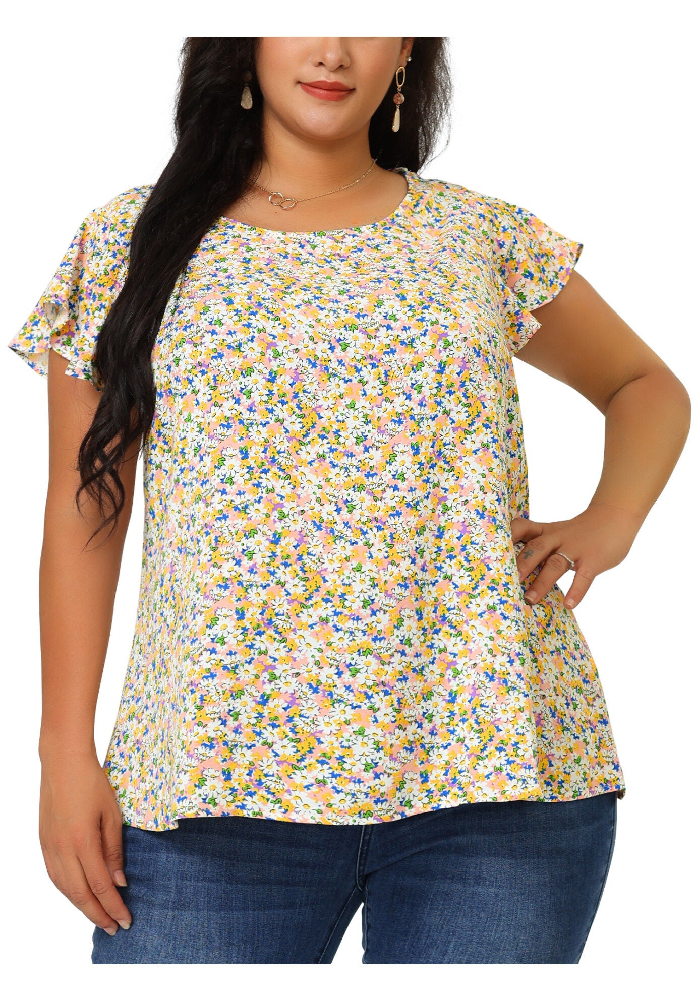 Summer Top Floral Round Neck Short Sleeves Ruffle Blouse, Pink / Pink, alternate image number 1