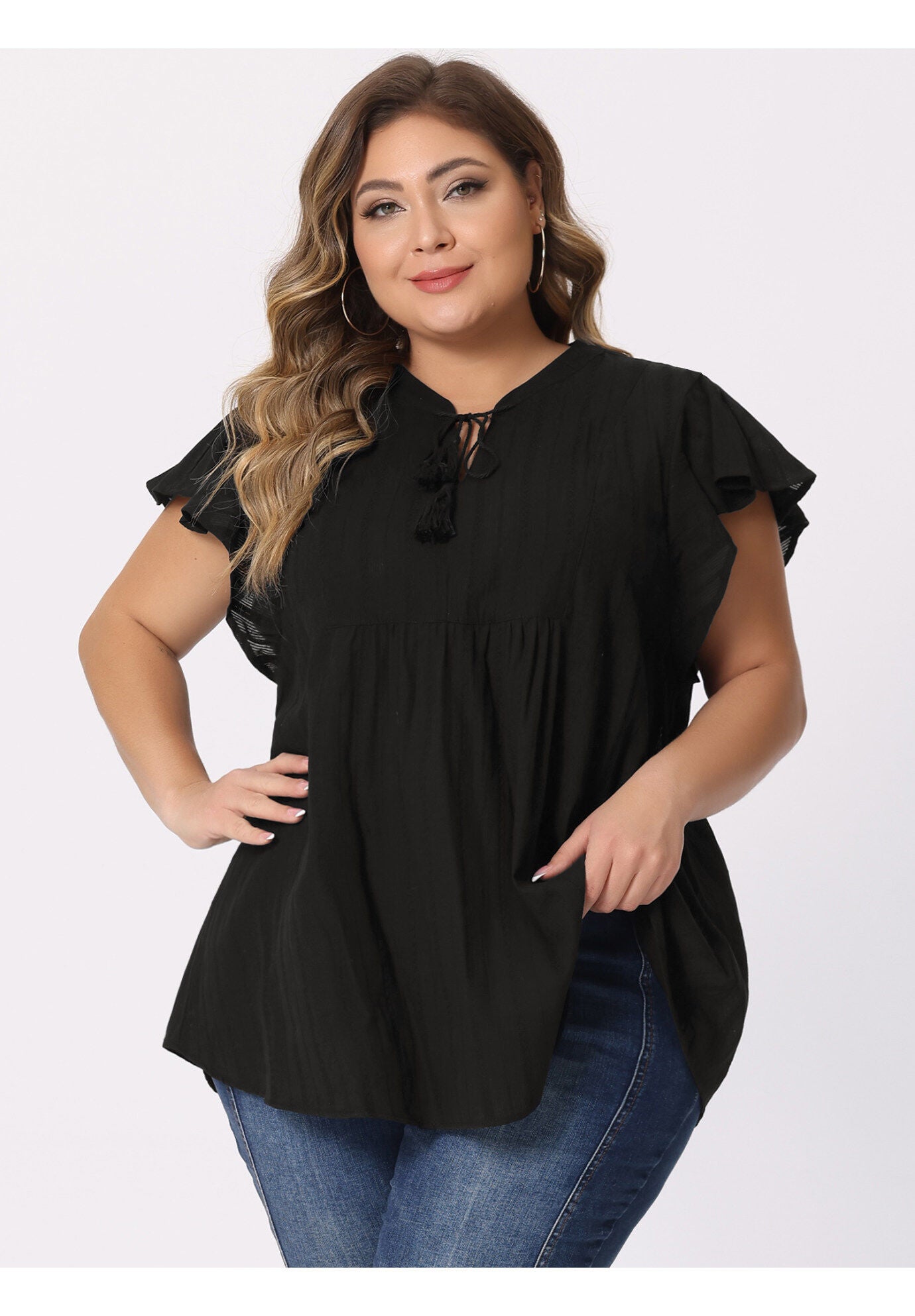 V NECK TASSEL SELF TIE FLUTTER BLOUSE, Black / Black, alternate image number 1