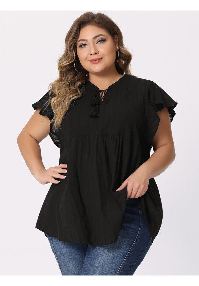 V NECK TASSEL SELF TIE FLUTTER BLOUSE, Black / Black, alternate image number 1