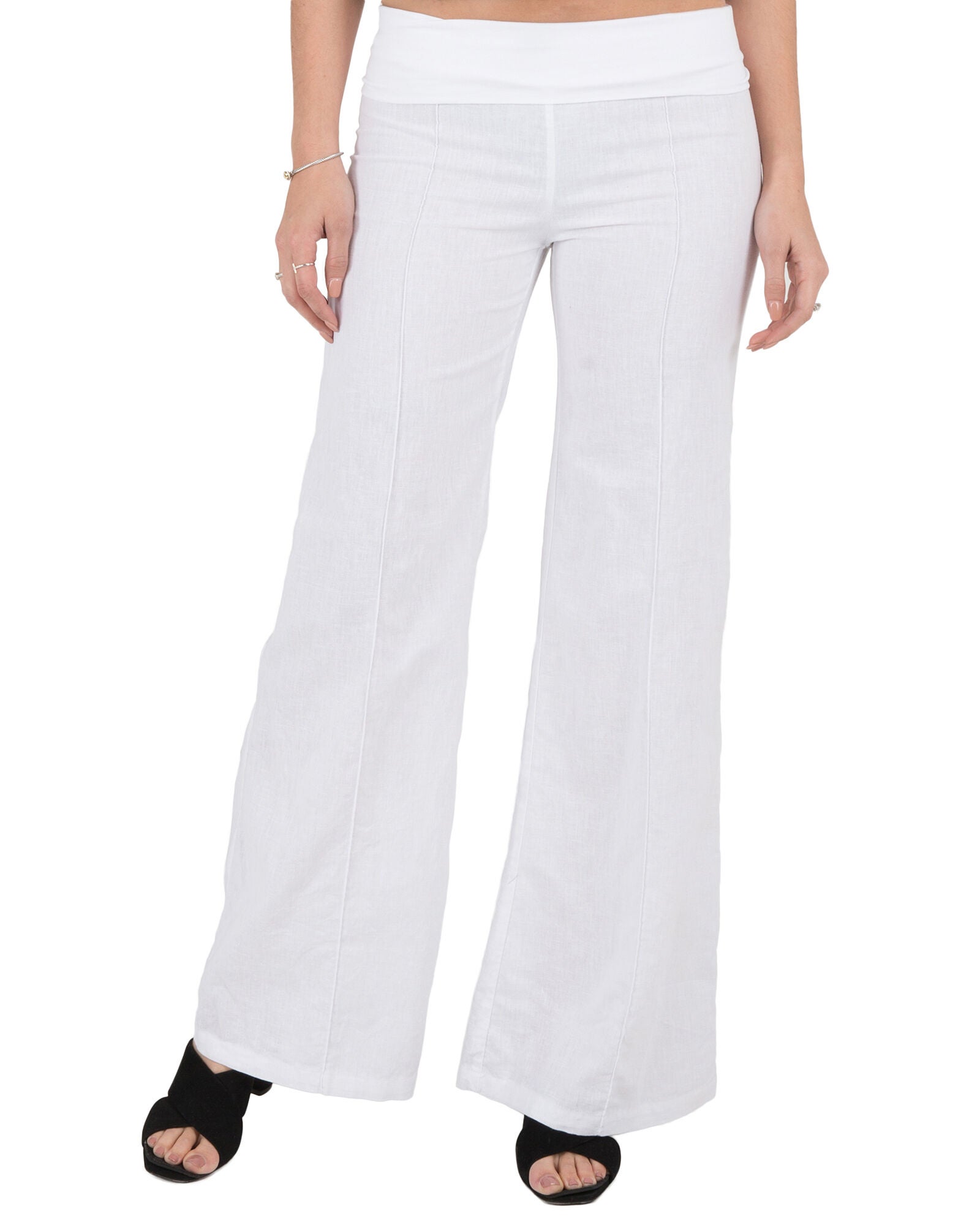 S & P Women&#39;s Linen-Cotton Wide Leg Yoga Pants With Fold-over Elastic Waist, White / White, hi-res image number 0