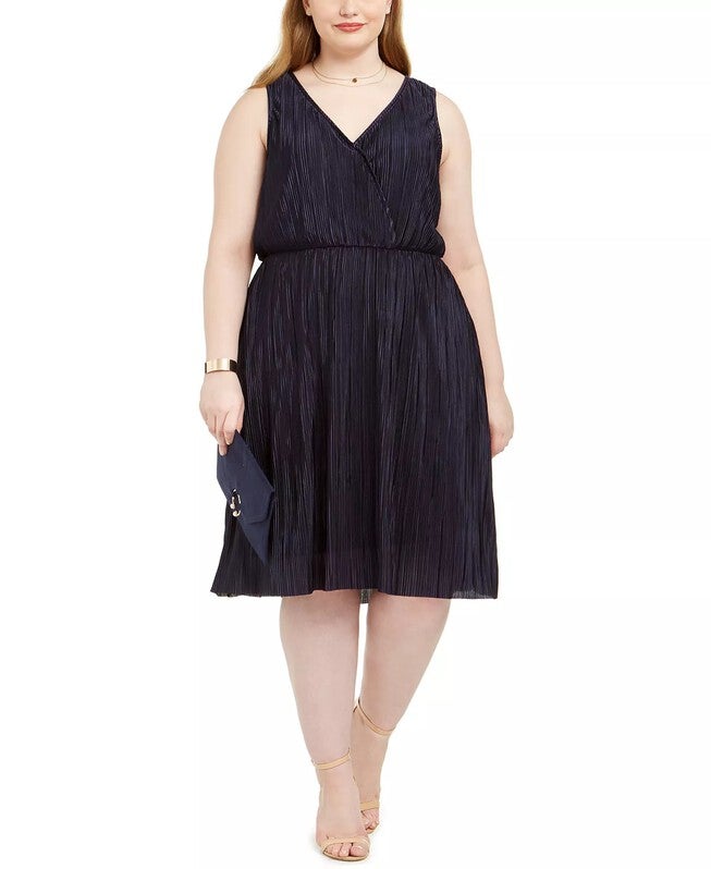 Love Squared Women's Plus Pleated Surplice Cocktail Dress Blue Size 1X, Blue / Navy, hi-res image number 0