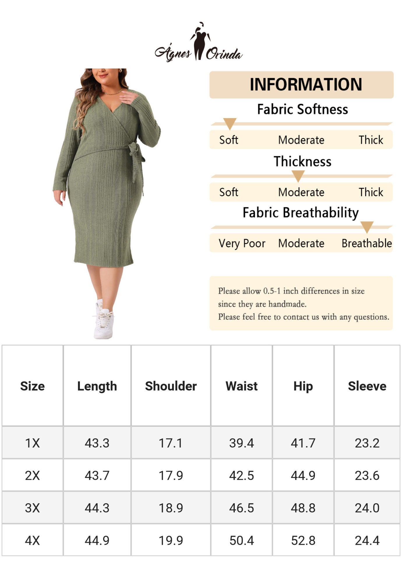 Wrap V Neck Long Sleeve Back Slit Elegant Midi Dress with Belted, Green / Sage Green, alternate image number 4