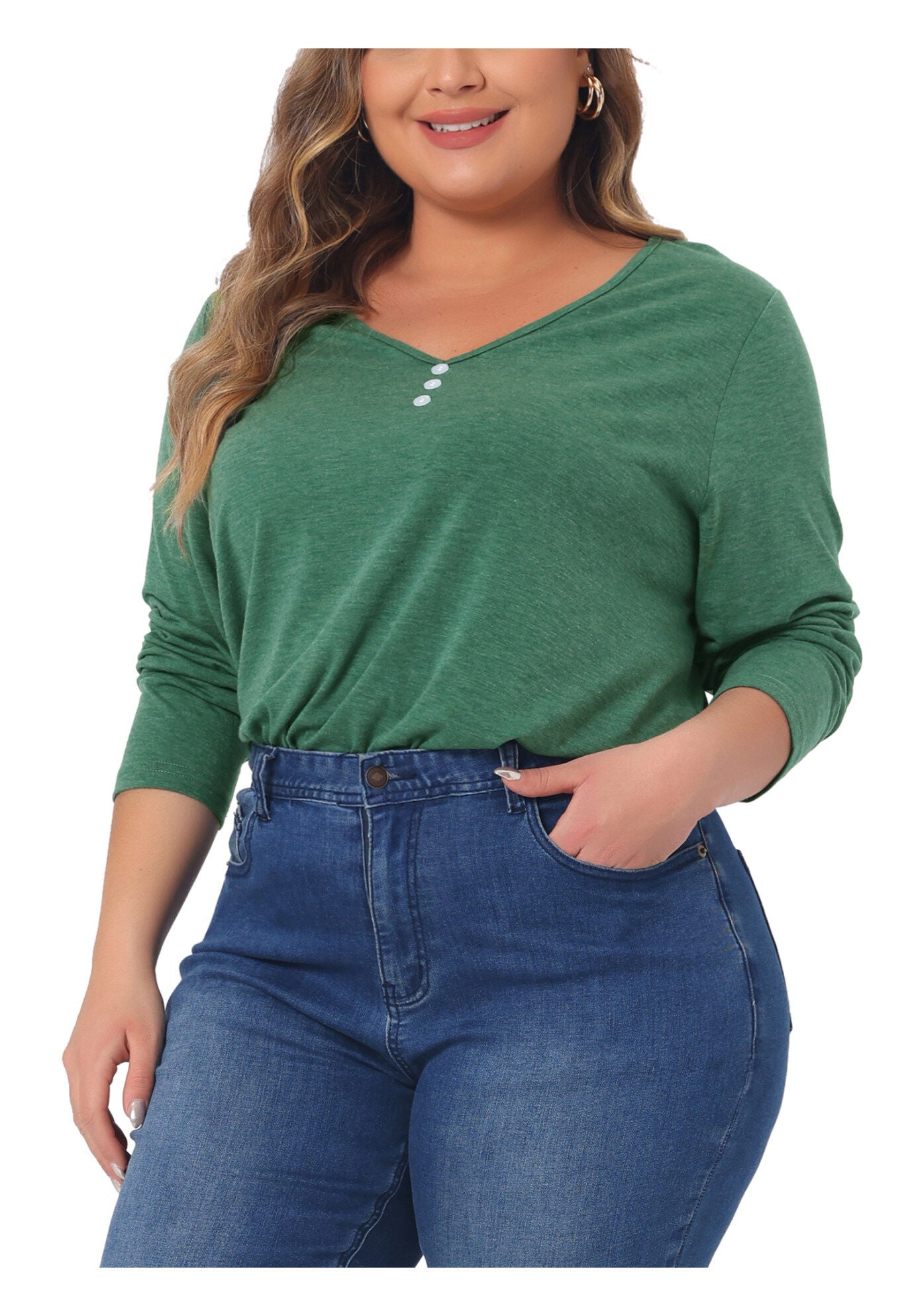 Casual Top Button Front Long Sleeve Tee, Green / Hunter Green, alternate image number 2
