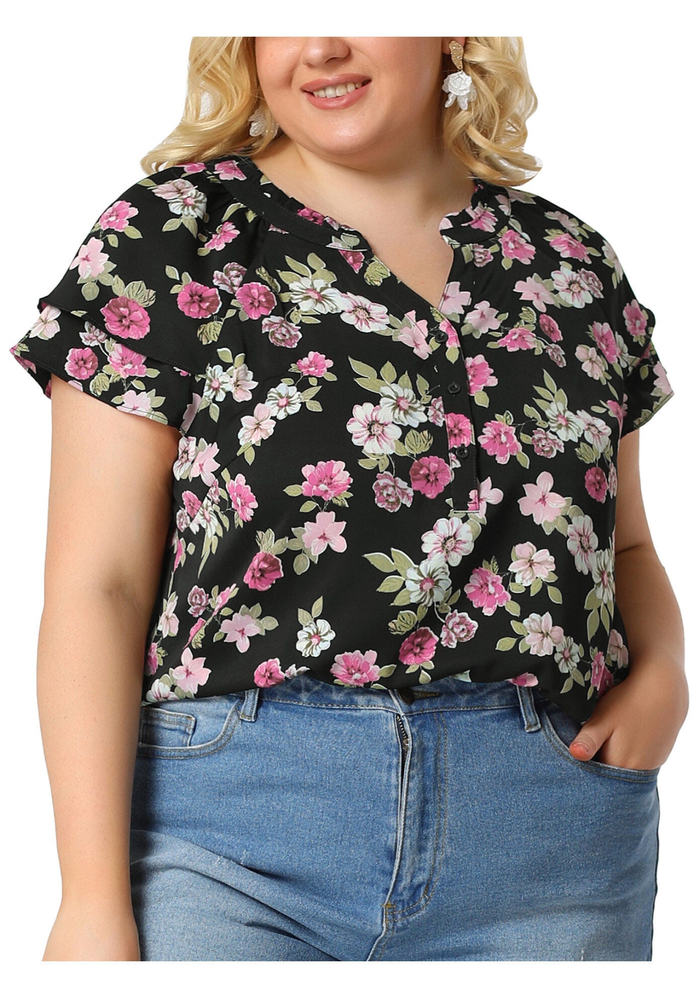 Floral Ruffle Trim V Neck Layered Sleeve Blouse, Black / Black, alternate image number 1