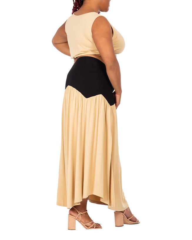 Reign Women's Plus Size V Waist A Line Side Slit Flared Maxi Skirt, Tan / Tan, alternate image number 2