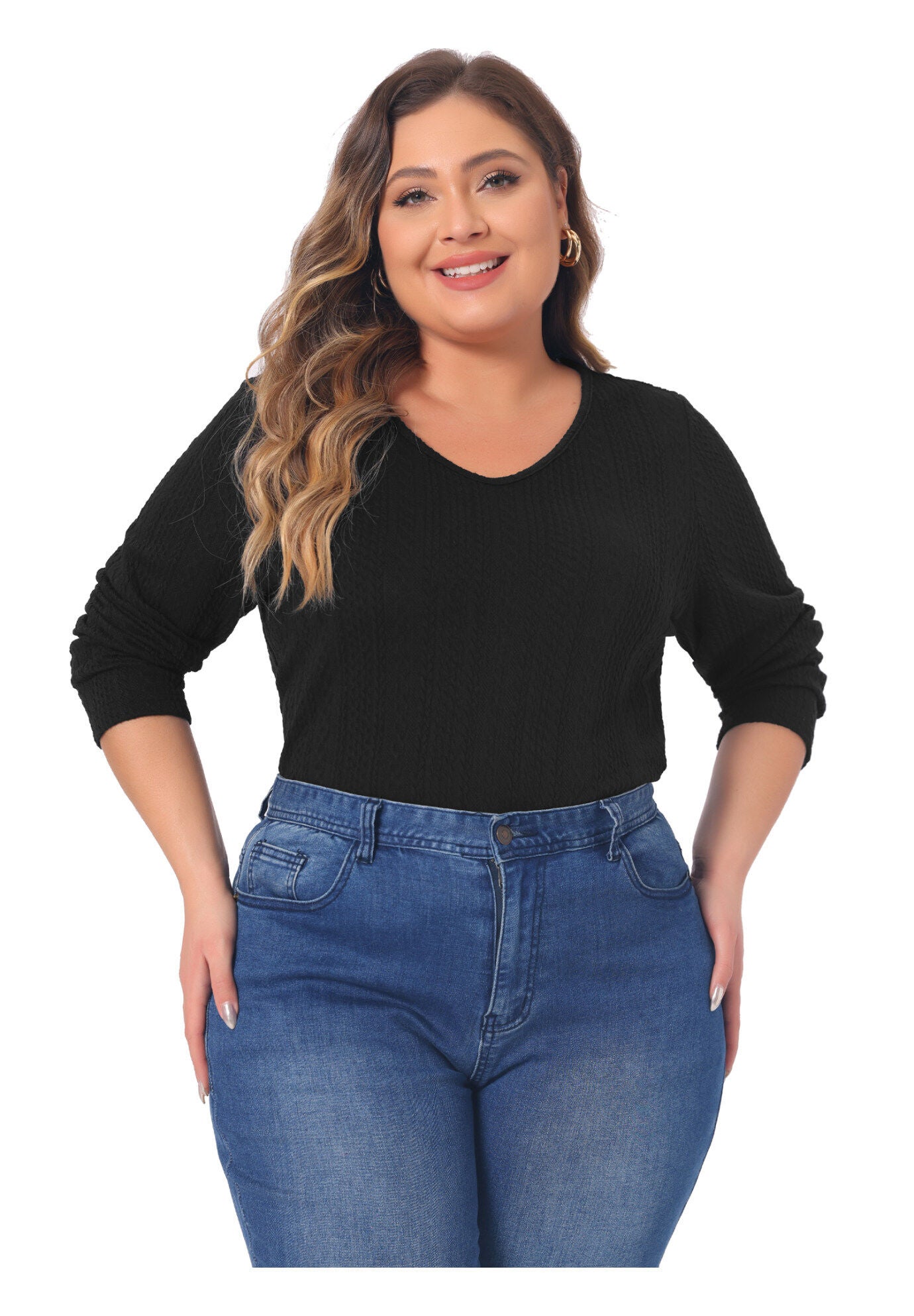 V Neck Long Sleeve Basic Knit Top Tee T-Shirt, Black / Black, hi-res image number 0