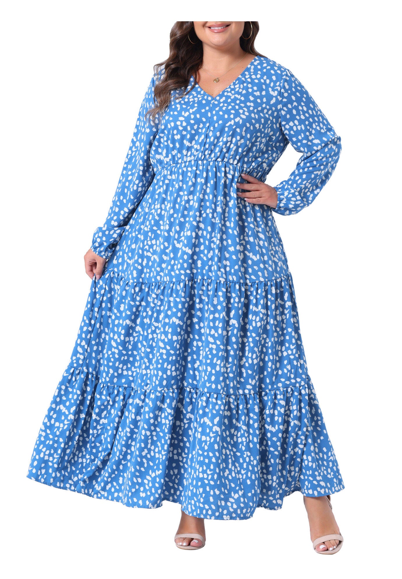 Printed Long Maxi Dress Lantern Sleeve Ruffle Hem Flowy Boho Dress, Blue / Cornflower Blue, alternate image number 2