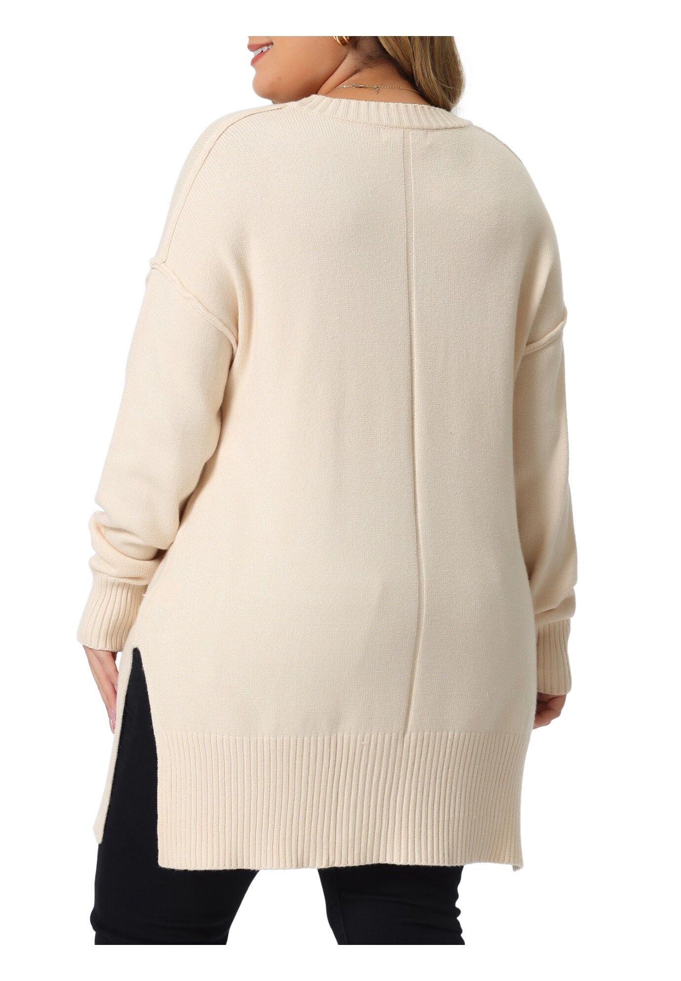 OVERSIZED CREW NECK LONG SLEEVE SLIT HEM KNIT PULLOVER SWEATER, Apricot / Cream, alternate image number 3