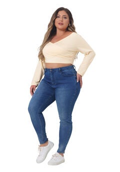 OFF SHOULDER LONG SLEEVE CROSS WRAP V NECK CROP TOP