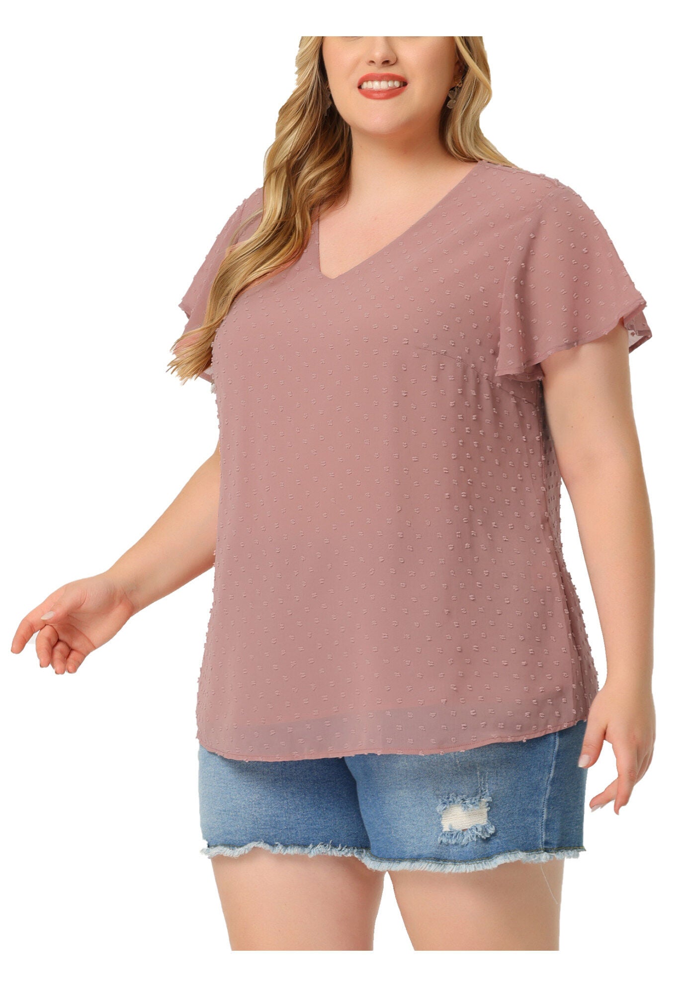 Swiss Dots Blouse V Neck Summer Short Sleeve Casual Top, Pink / Pink, alternate image number 1